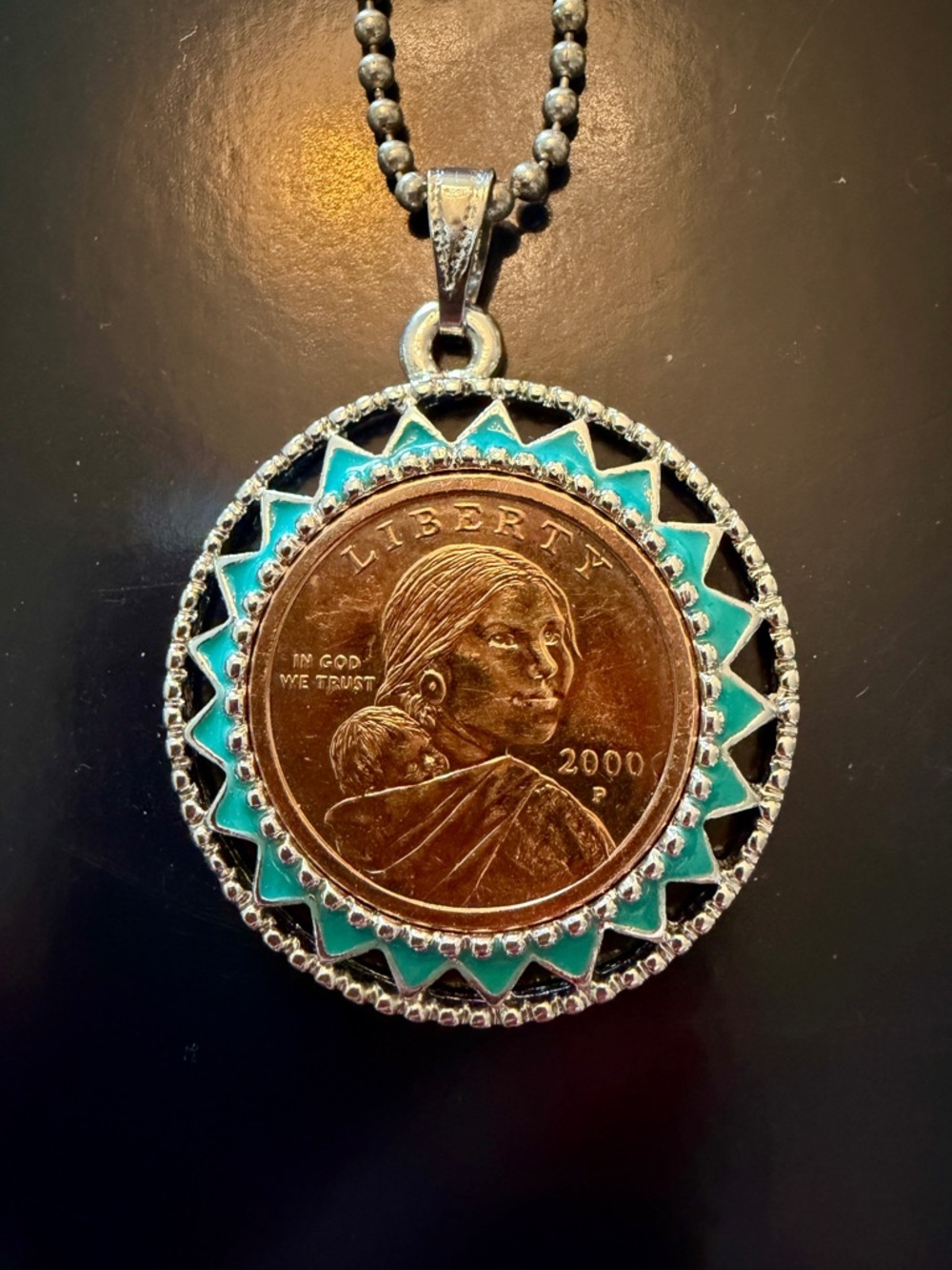 Silver-Tone Turquoise Accent Dollar Coin Pendant Necklace. 30” chain